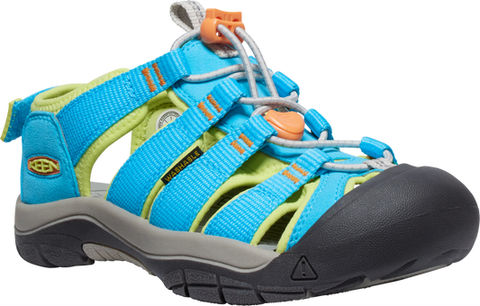 A blue and yellow sandal with a gray sole and toe cap, adjustable laces, and the word "WASHABLE" printed on the side.