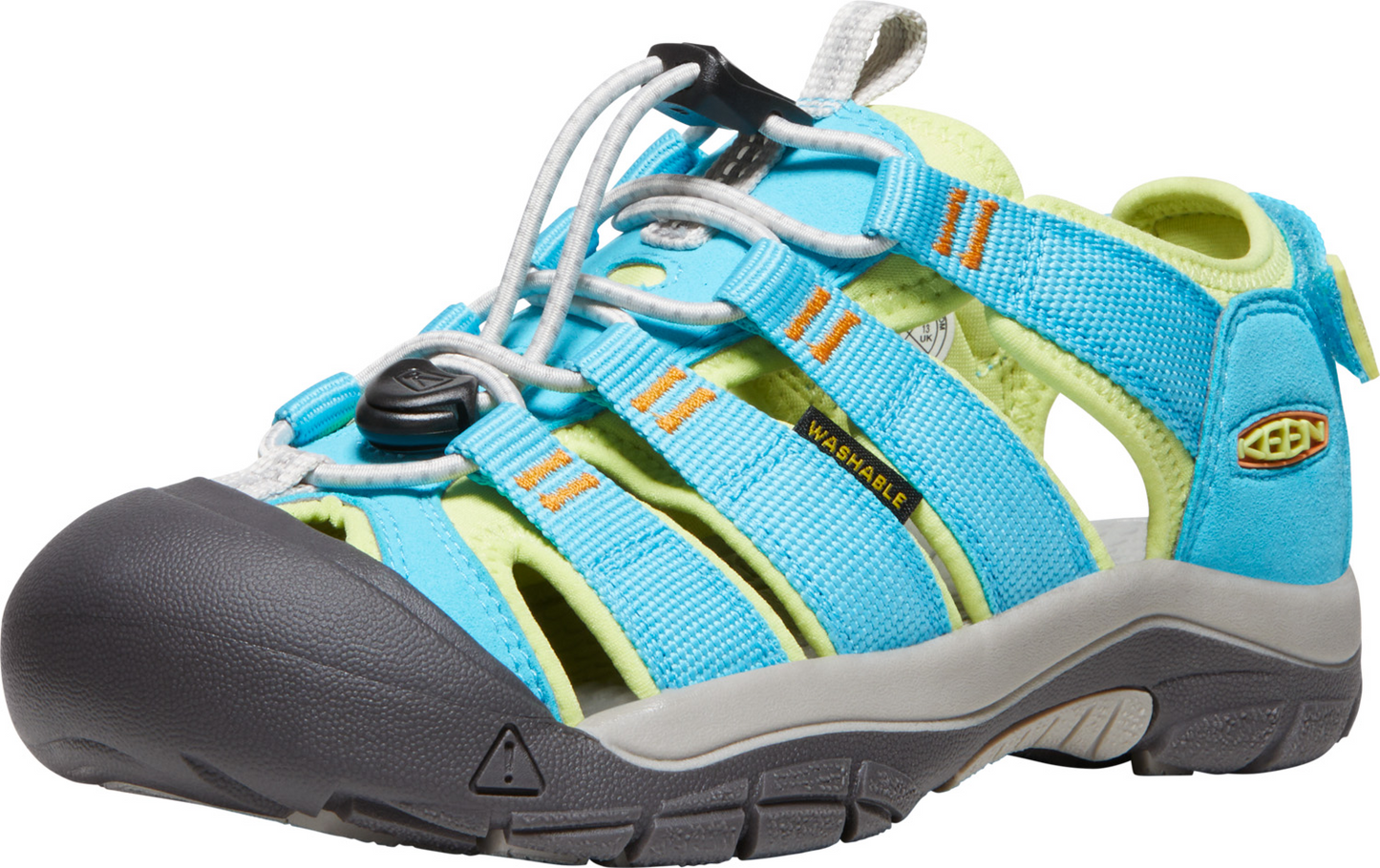 Blue and green sandal with a dark gray toe cap and gray sole, adjustable white elastic laces.