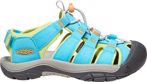 A blue and green water sandal with gray sole and toe cap.