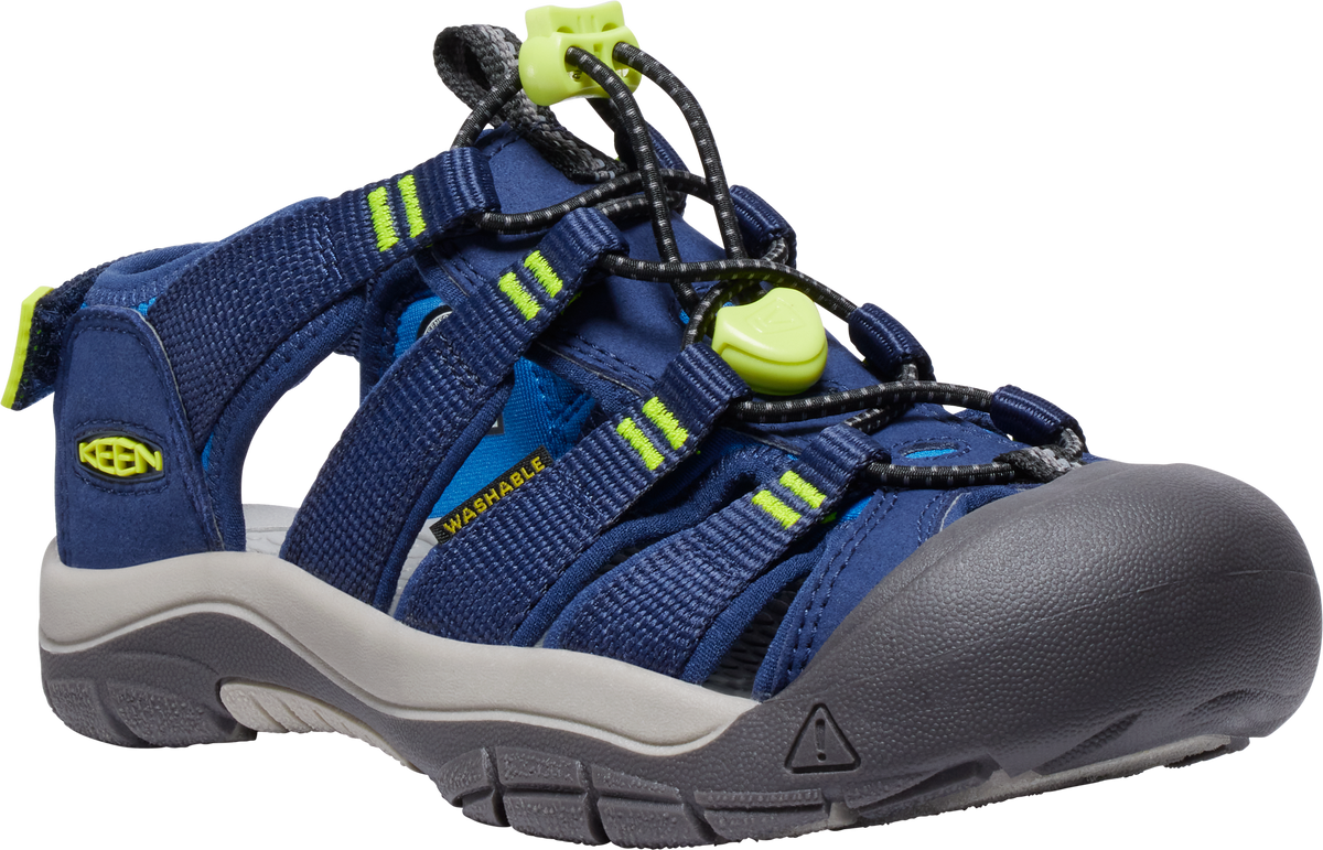 A dark blue water sandal with lime green accents and a thick, dark grey toe guard.