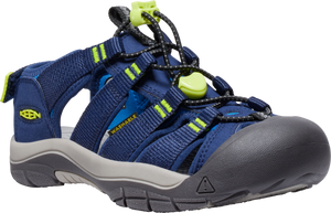A dark blue water sandal with lime green accents and a thick, dark grey toe guard.