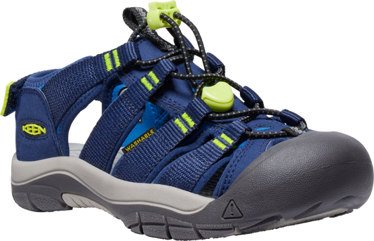 A dark blue water sandal with lime green accents and a thick, dark grey toe guard.