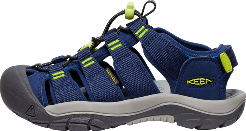 Navy blue sandal with a gray sole and neon green accents.
