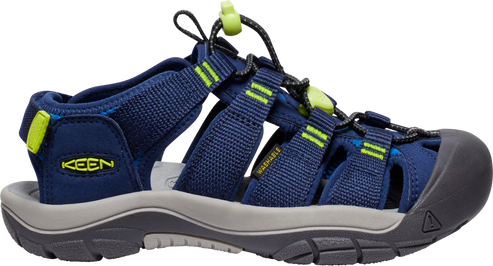 Blue water shoe with toe protection, cord lacing, and lime green accents.