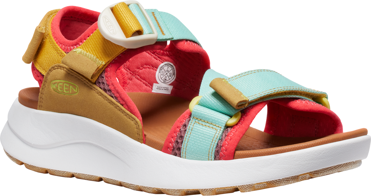 A colorful platform sandal with velcro straps.