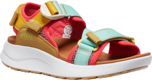 A colorful platform sandal with velcro straps.