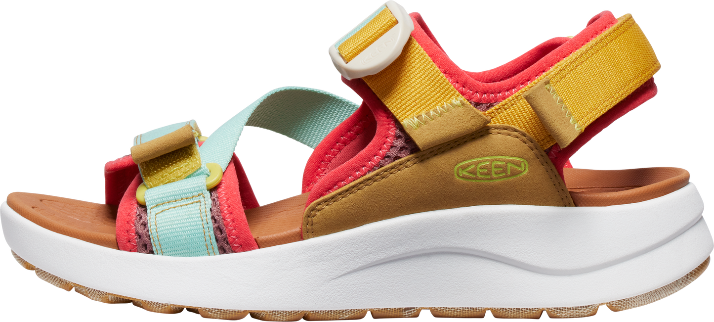 A platform sandal with multicolor straps and a visible KEEN logo.