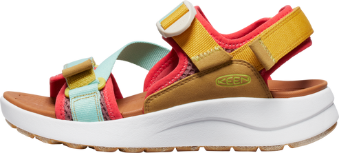 A platform sandal with multicolor straps and a visible KEEN logo.