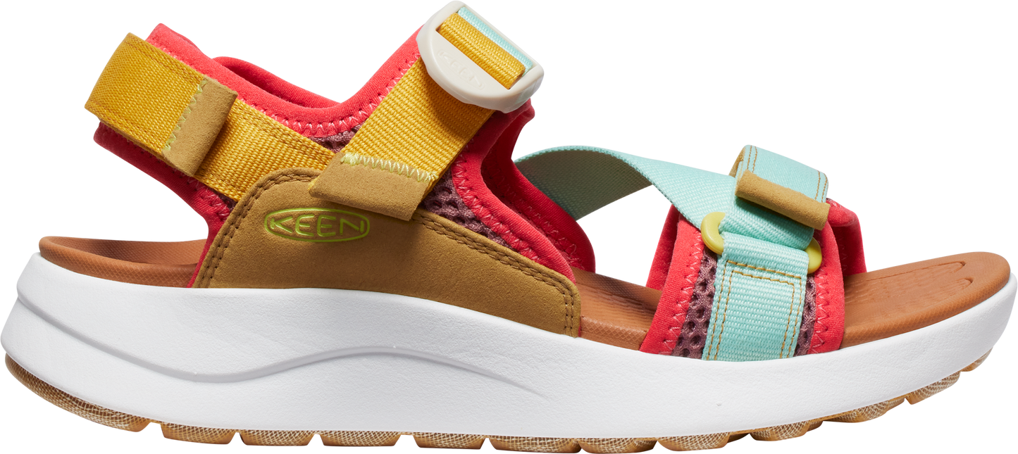 A sandal with a white sole and multi-colored straps.