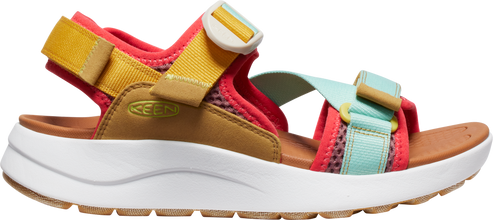 A sandal with a white sole and multi-colored straps.