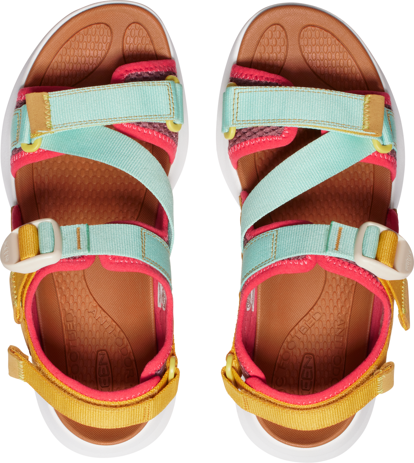 A pair of colorful strappy sandals.