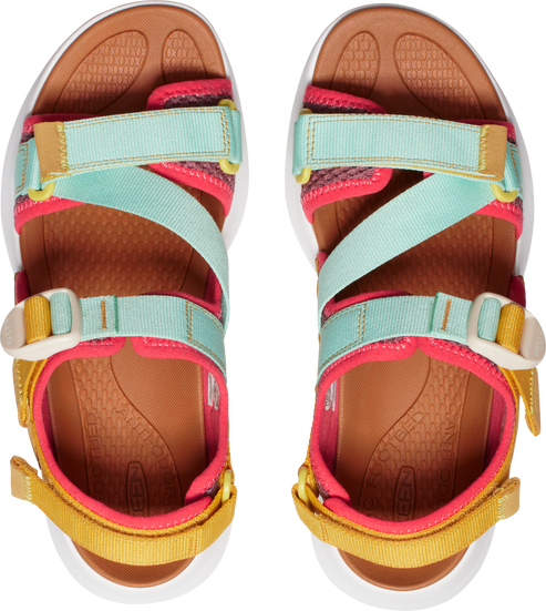 A pair of colorful strappy sandals.