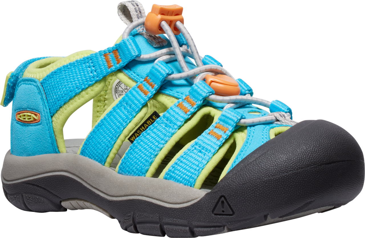 Aqua and lime green sandal featuring a closed toe design with the text "WASHABLE" on the straps.