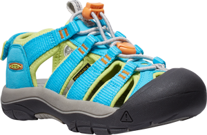 Aqua and lime green sandal featuring a closed toe design with the text "WASHABLE" on the straps.