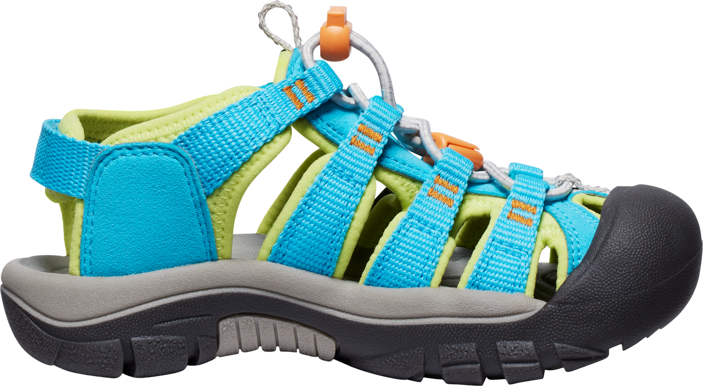 A blue and green sandal with toe protection and orange accents, featuring a lace-lock bungee system.
