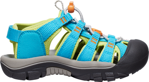 A blue and green sandal with toe protection and orange accents, featuring a lace-lock bungee system.