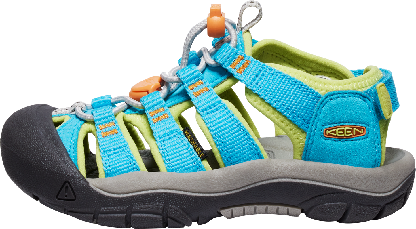 Blue and green sandal with toe protection.