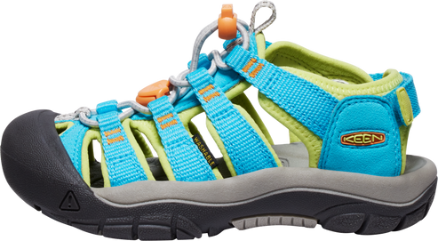 Blue and green sandal with toe protection.