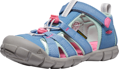 Blue sandal with pink accents, open toe and velcro ankle strap.