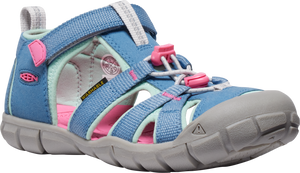 Blue and pink child's sandal with a grey sole.