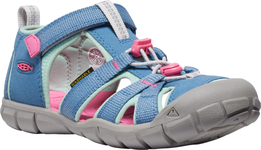 Blue and pink child's sandal with a grey sole.