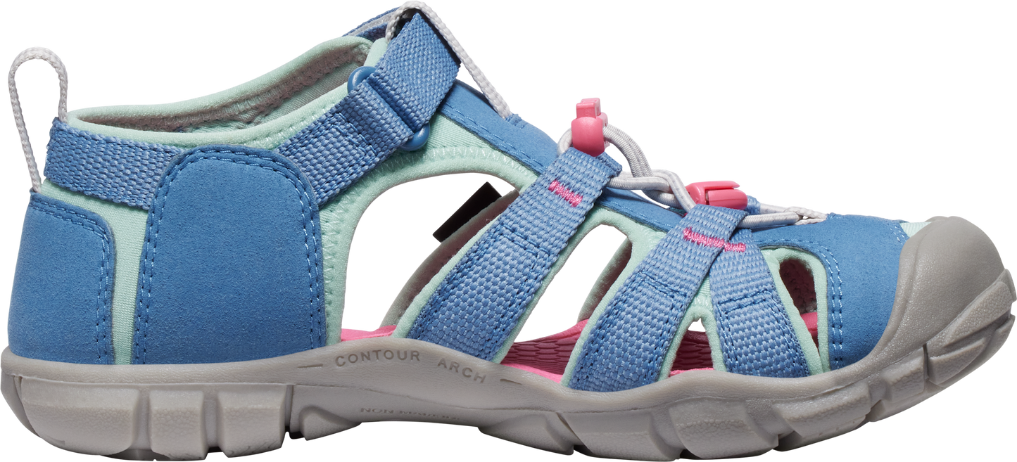 Blue sandal with pink and white accents.