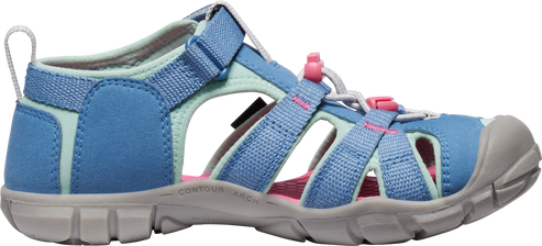 Blue sandal with pink and white accents.
