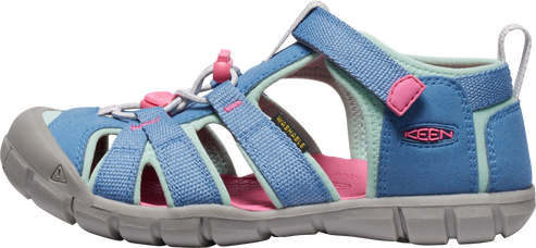 A blue and pink sandal.