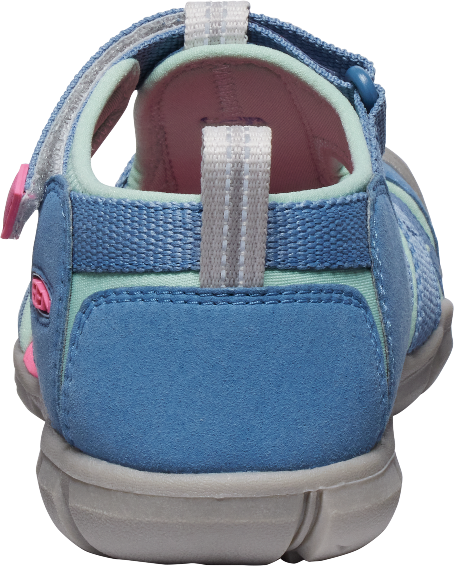 Rear view of a blue and pink children's sandal with a gray and white adjustable strap and a gray sole.