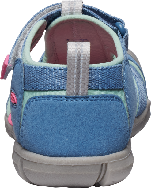Rear view of a blue and pink children's sandal with a gray and white adjustable strap and a gray sole.