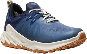 A blue running shoe with a white and brown sole and white laces.