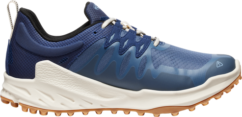 A navy blue athletic shoe with a light tan sole.