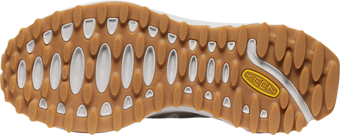 A shoe's brown sole features oval cutouts and a yellow "KEEN" logo.