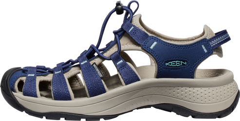 Navy and tan sandal with cord laces and toe protection.