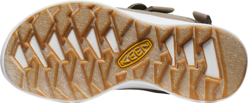 The bottom view of a shoe shows a brown tread pattern featuring diamond and rectangular shapes. In the center, a yellow logo with the text 'KEEN' is visible.