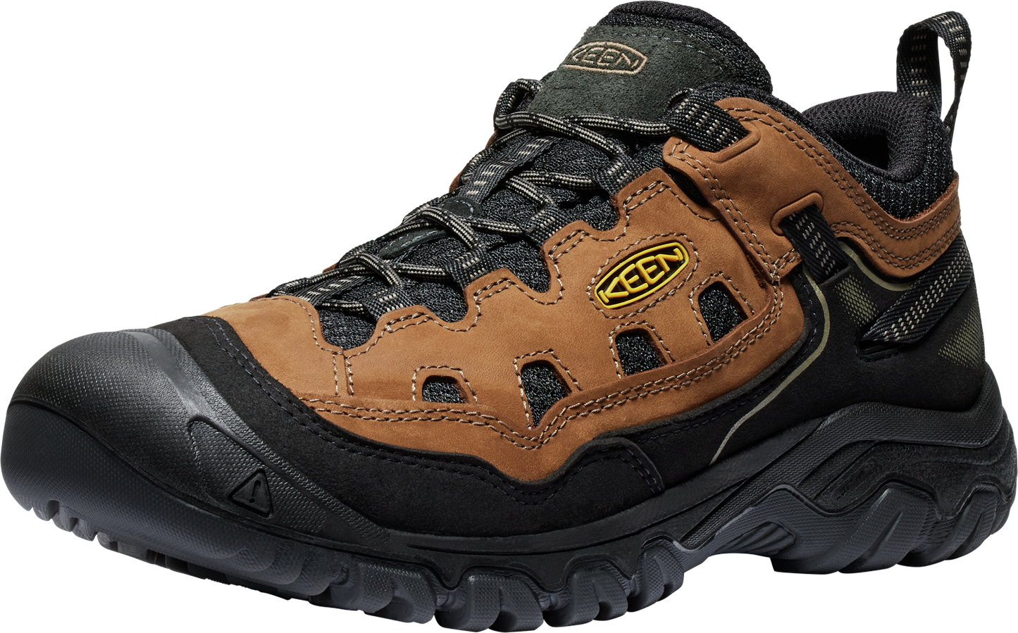 Hiking shoe with brown leather overlays and black synthetic trim and outsole.