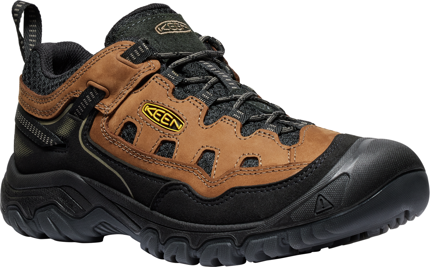 Low-cut hiking shoe with brown leather panels, black laces, black sole, and a yellow logo.