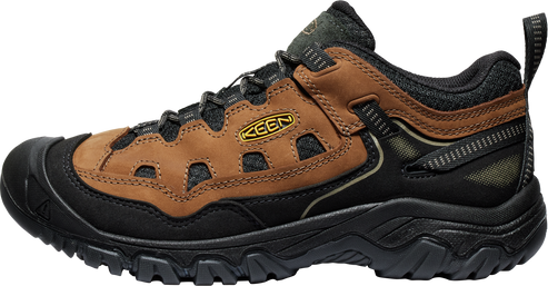 Low-cut hiking shoe with a brown and black upper and a rugged black sole.