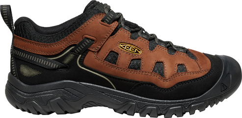 A shoe with brown and black accents.