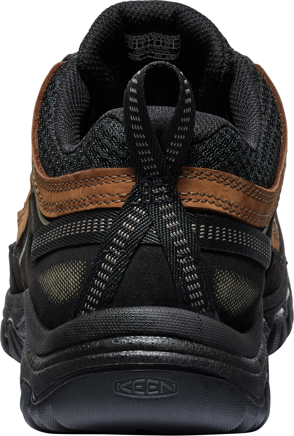 Back view of a hiking boot, featuring a black and brown color scheme, a textured sole, and a fabric pull loop.