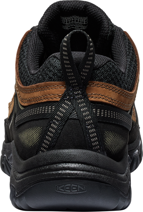 Back view of a hiking boot, featuring a black and brown color scheme, a textured sole, and a fabric pull loop.