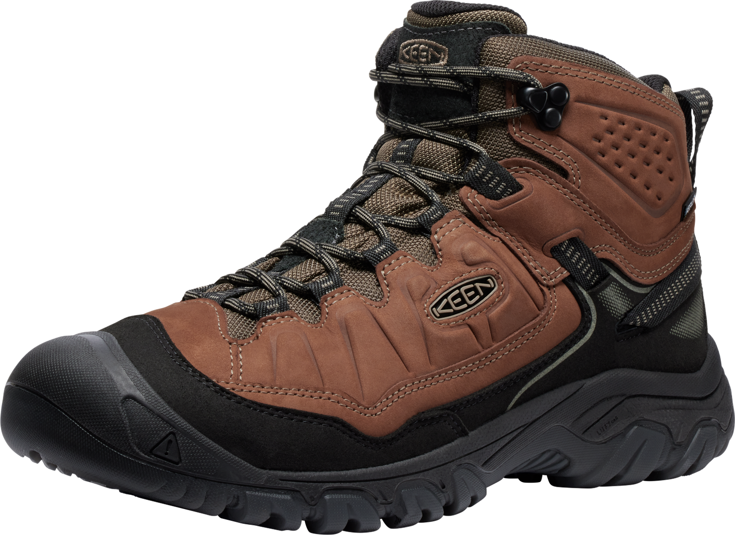 A high-top hiking boot featuring a brown leather upper, black midsole and outsole, toe guard, lace-up closure, and visible logo on the side.