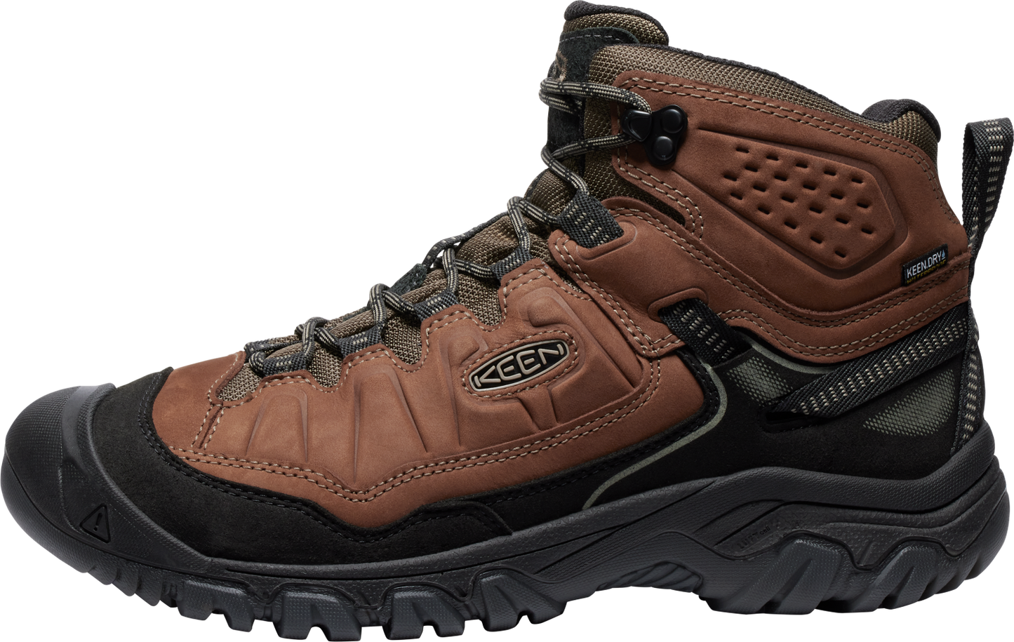 Brown high-top hiking boot with black toe cap and sole.