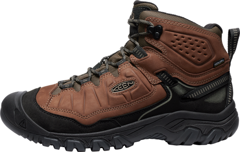 Brown high-top hiking boot with black toe cap and sole.