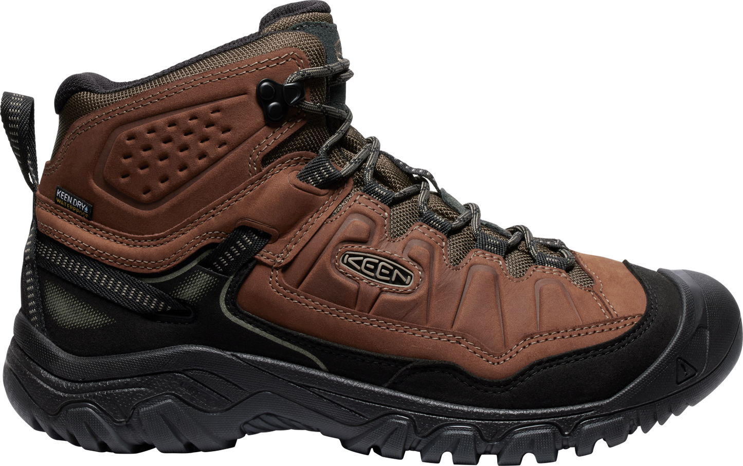 Brown and black hiking boot with textured sole, reinforced toe and heel, and visible "KEEN" logo.