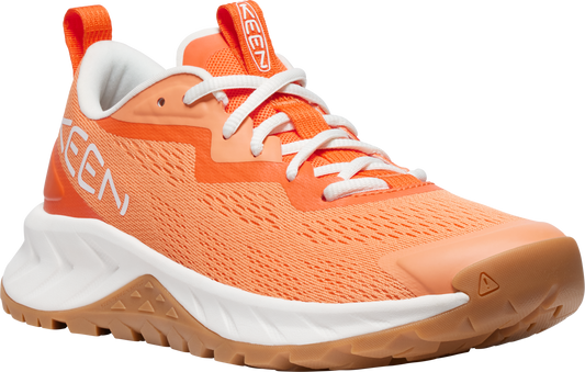 An orange low-top KEEN shoe with white laces and sole, and a brown tread.