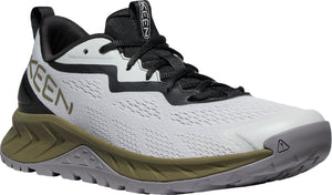 A white sneaker with black laces, a gray toe cap, and a thick olive and gray sole. "KEEN" is printed in large letters on the side.