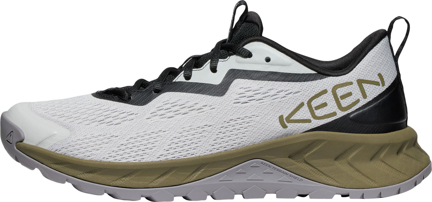A light gray and black trail running shoe.