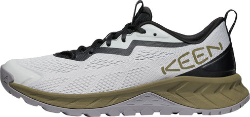 A light gray and black trail running shoe.