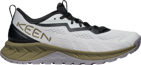 A white running shoe with a green sole and black laces.